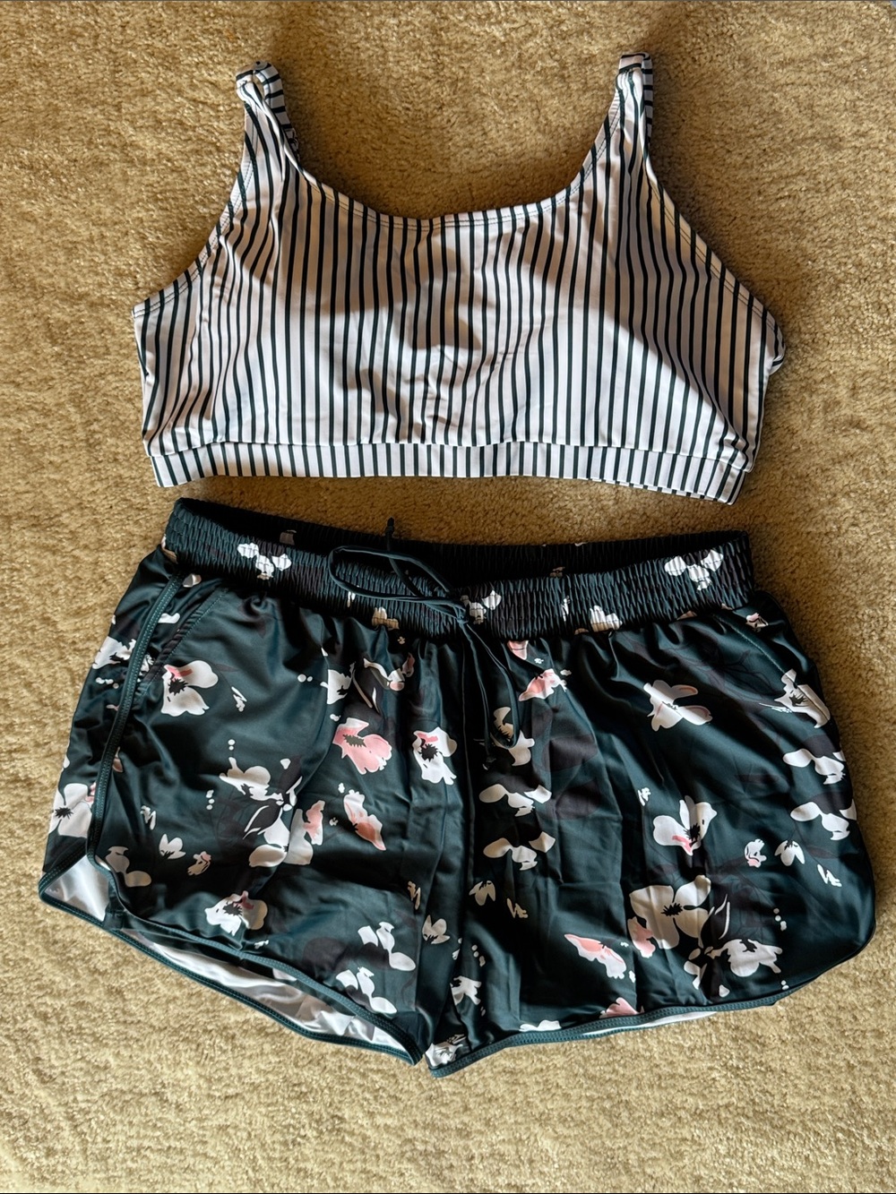 Striped Black & White Bikini Top with Black Floral Swim Shorts
